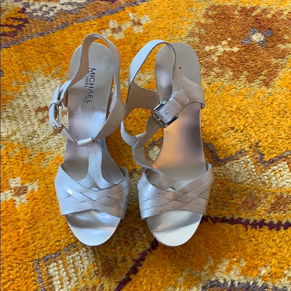 Metallic leather covered wedge sandal